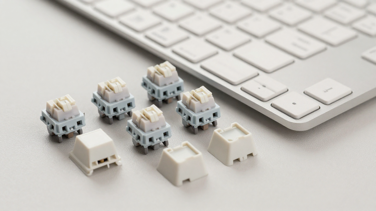 Unbranded mechanical switch mechanisms beside a low-profile keyboard